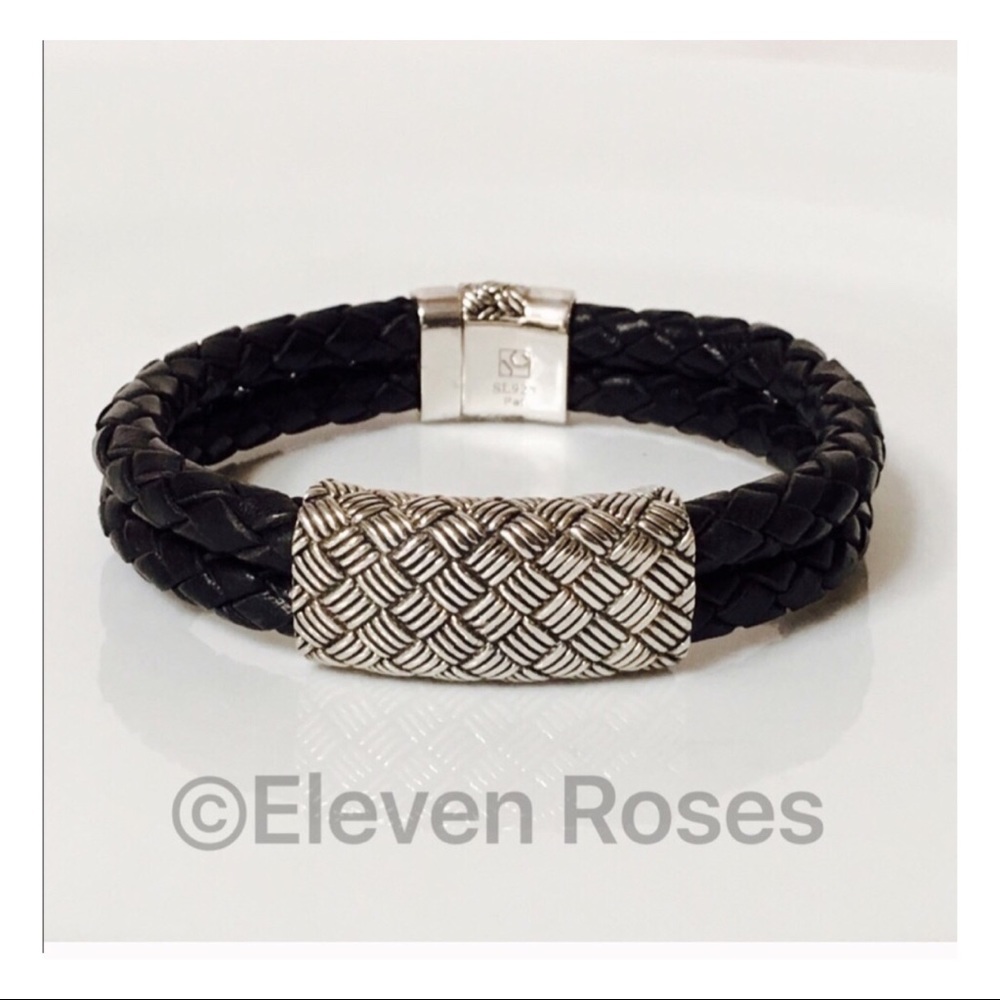 Black Leather Sterling Basket Weave Bracelet
